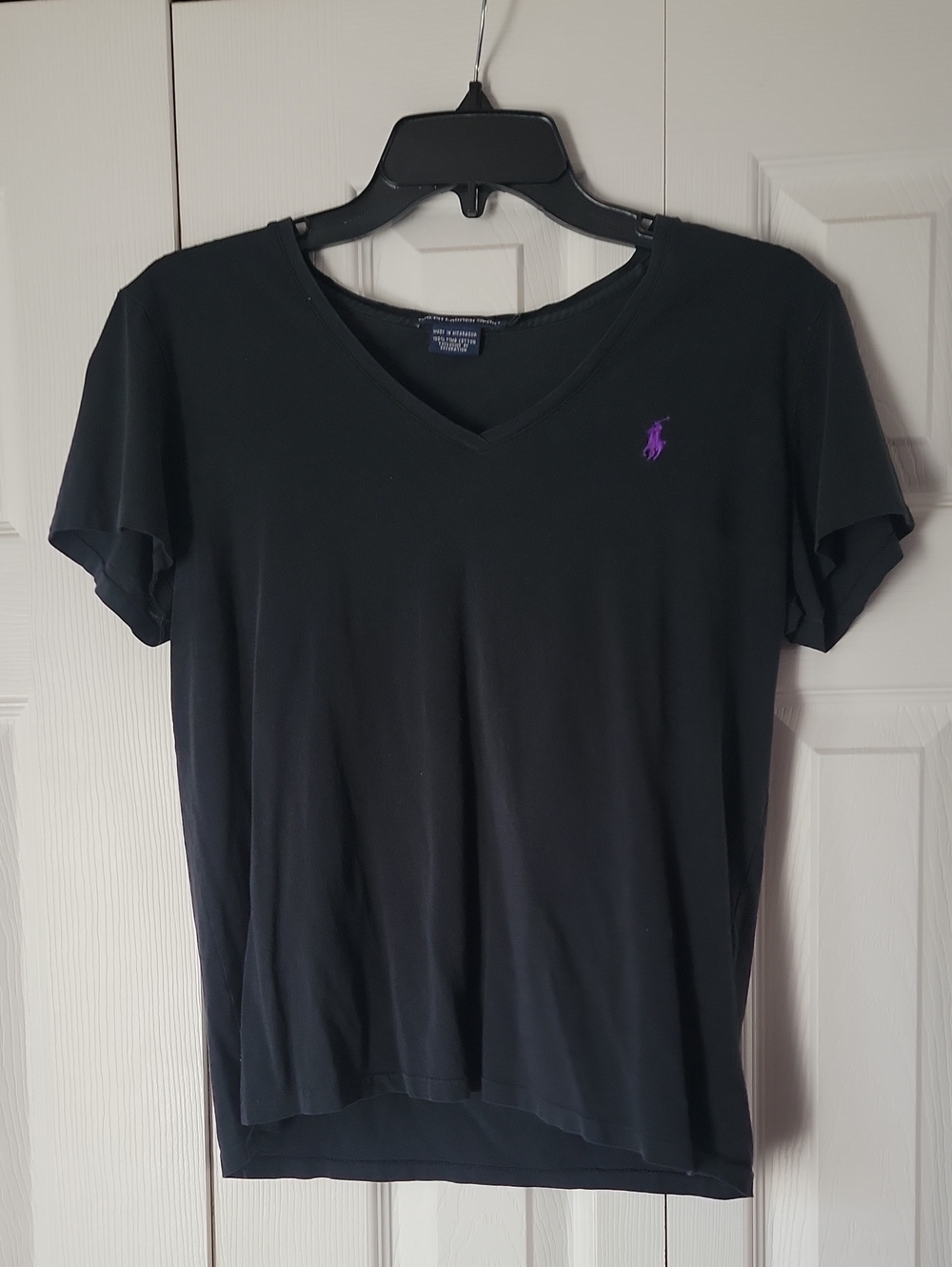 Ralph Lauren Black V-Neck Tee with Purple Pony Embroidery